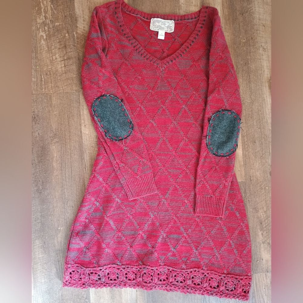 Nick & Mo Wool Blend Sweater Dress Sz L Red Gray Crochet Hem Elbow Patches
